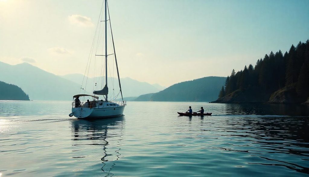 Yacht in Friday Harbor during right time yachting regions, with a family kayaking and forested shoreline in the background.